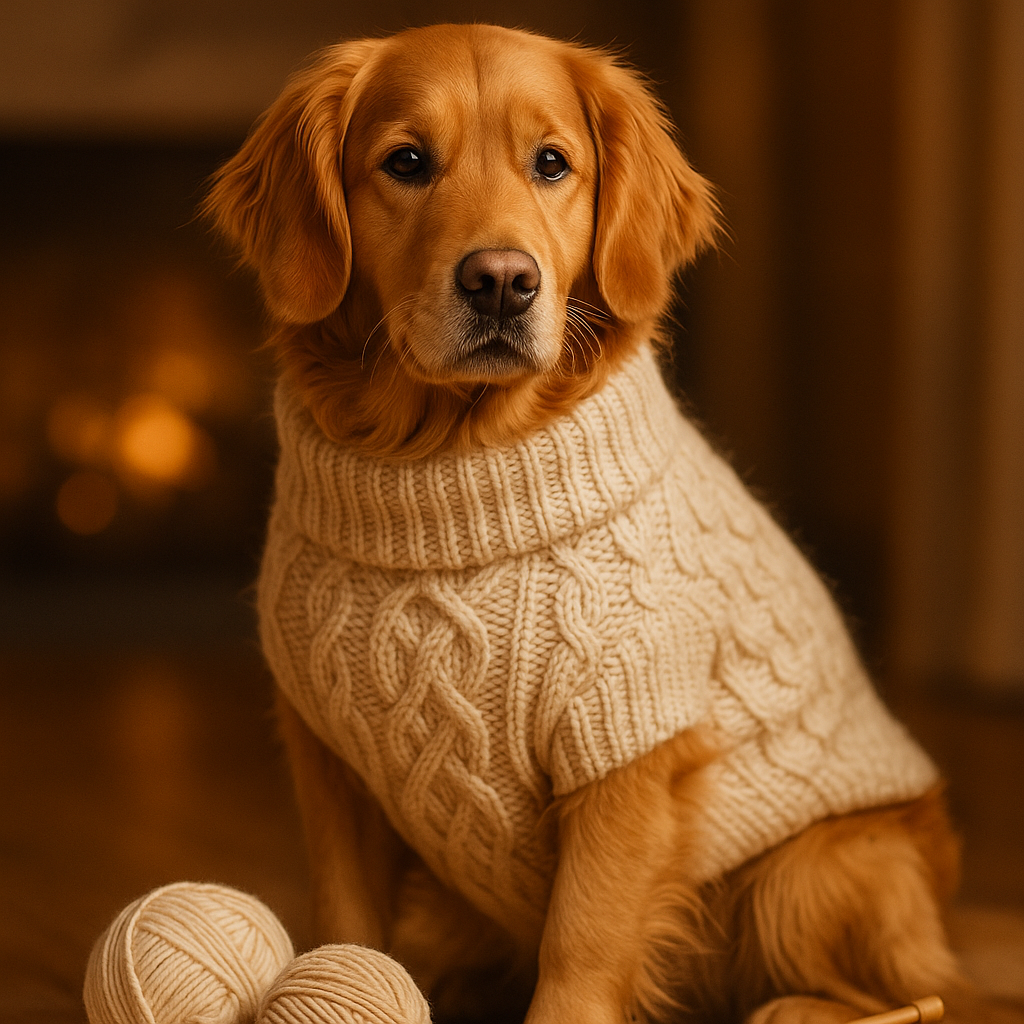 Happy dog wearing a cozy crochet sweater